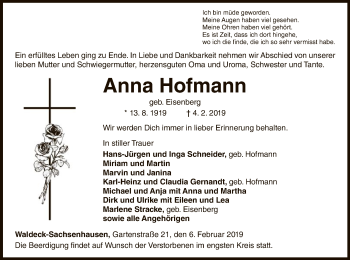 Traueranzeige von Anna Hofmann von WLZ