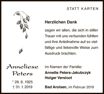 Traueranzeige von Anneliese Peters von WLZ