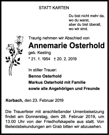 Traueranzeige von Annemarie Osterhold von WLZ