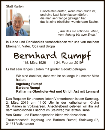 Traueranzeige von Bernhard Rumpf von WLZ