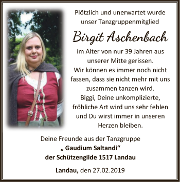 Traueranzeige von Birgit Aschenbach von WLZ