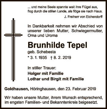 Traueranzeige von Brunhilde Tepel von WLZ