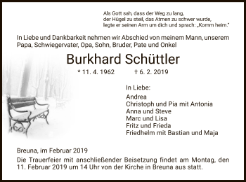 Traueranzeige von Burkhard Schüttler von WLZ