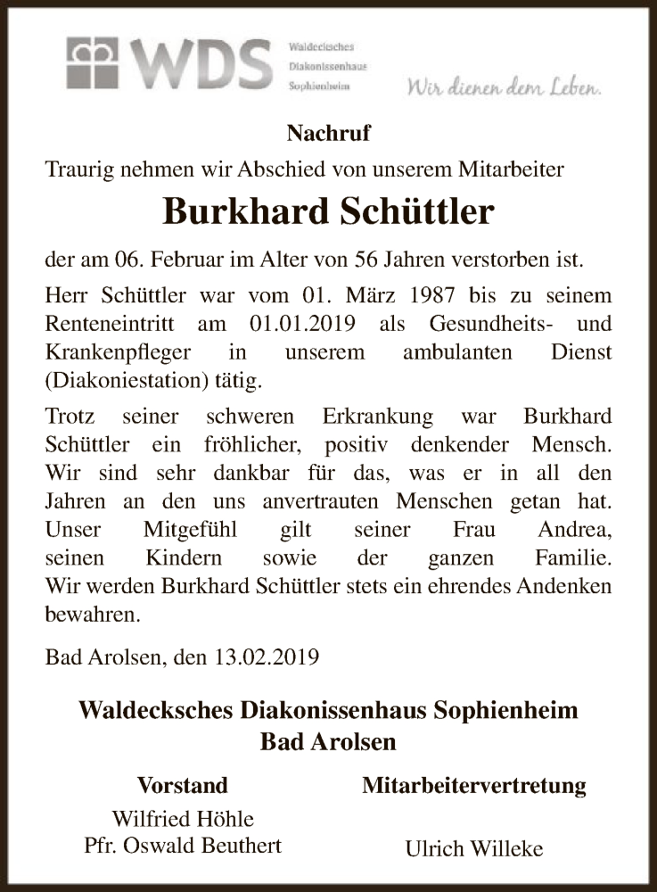  Traueranzeige für Burkhard Schüttler vom 13.02.2019 aus WLZ