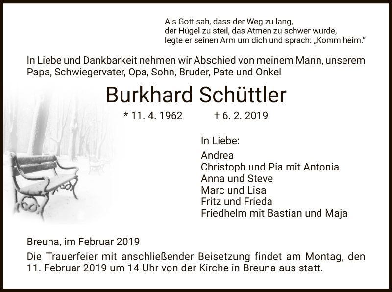  Traueranzeige für Burkhard Schüttler vom 09.02.2019 aus WLZ