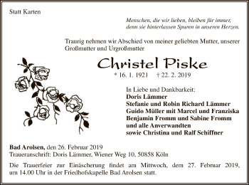 Traueranzeige von Christel Piske von WLZ
