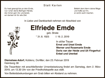 Traueranzeige von Elfriede Emde von WLZ