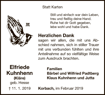 Traueranzeige von Elfriede Kuhnhenn von WLZ