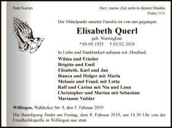Traueranzeige von Elisabeth Querl von WLZ