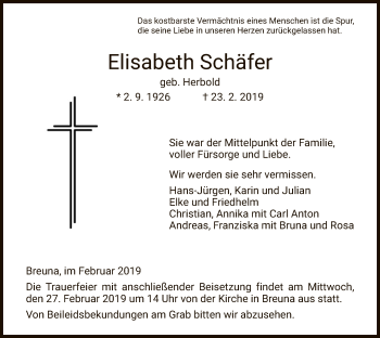 Traueranzeige von Elisabeth Schäfer von WLZ