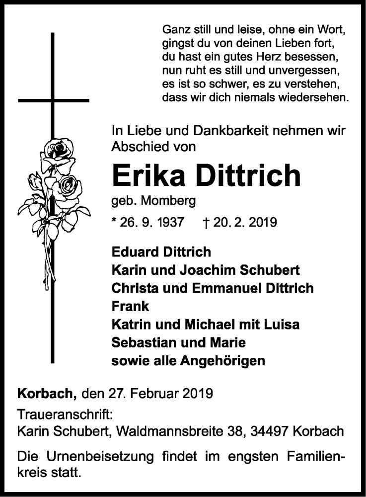  Traueranzeige für Erika Dittrich vom 27.02.2019 aus WLZ