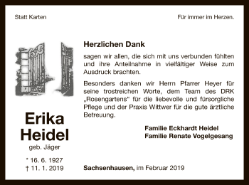 Traueranzeige von Erika Heidel von WLZ