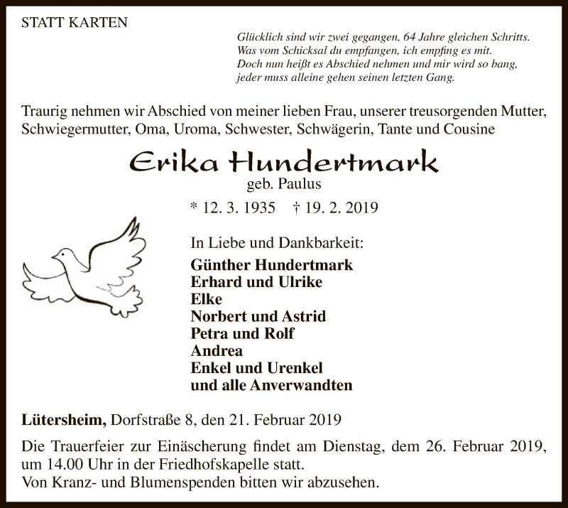  Traueranzeige für Erika Hundertmark vom 21.02.2019 aus WLZ