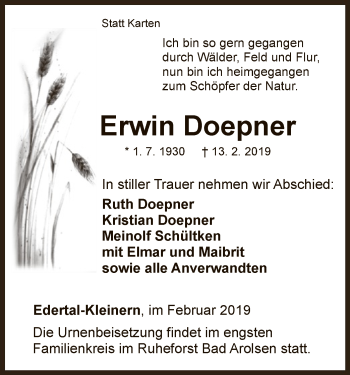 Traueranzeige von Erwin Doepner von WLZ