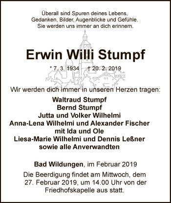 Traueranzeige von Erwin Willi Stumpf von WLZ