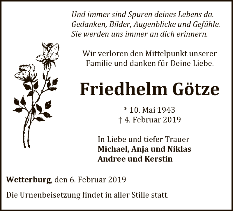  Traueranzeige für Friedhelm Götze vom 06.02.2019 aus WLZ