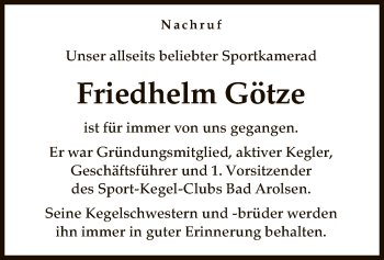 Traueranzeige von Friedhelm Götze von WLZ