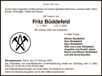 Traueranzeige von Fritz Büddefeld von WLZ