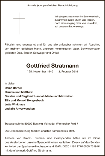 Traueranzeige von Gottfried Stratmann von WLZ