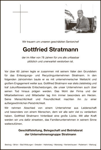 Traueranzeige von Gottfried Stratmann von WLZ