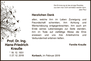 Traueranzeige von Hans-Friedrich Krauße von WLZ