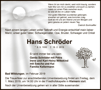 Traueranzeige von Hans Schröder von WLZ