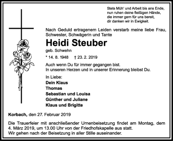 Traueranzeige von Heidi Steuber von WLZ