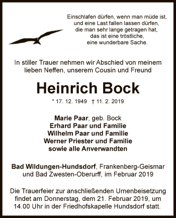 Traueranzeige von Heinrich Bock von WLZ