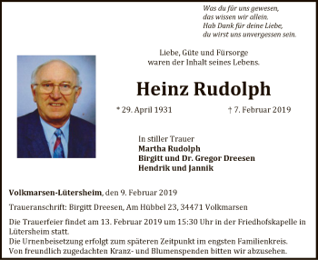 Traueranzeige von Heinz Rudolph von WLZ