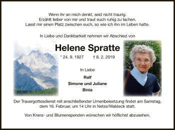 Traueranzeige von Helene Spratte von WLZ