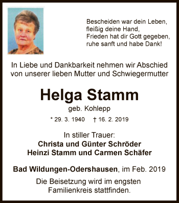 Traueranzeige von Helga Stamm von WLZ