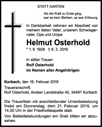 Traueranzeige von Helmut Osterhold von WLZ