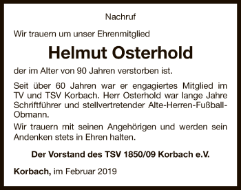 Traueranzeige von Helmut Osterhold von WLZ