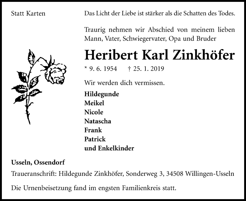  Traueranzeige für Heribert Karl Zinkhöfer vom 09.02.2019 aus WLZ