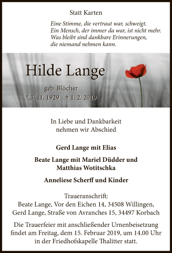 Traueranzeige von Hilde Lange von WLZ