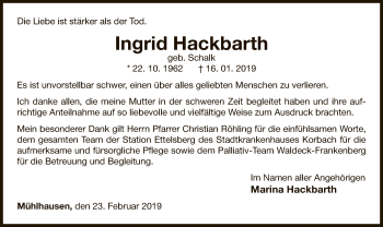 Traueranzeige von Ingrid Hackbarth von WLZ