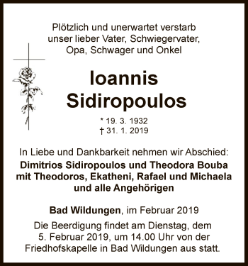 Traueranzeige von Ioannis Sidiropoulos von WLZ