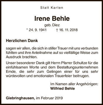 Traueranzeige von Irene Behle von WLZ