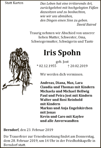 Traueranzeige von Iris Spohn von WLZ