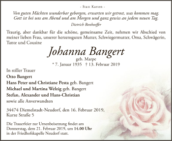 Traueranzeige von Johanna Bangert von WLZ