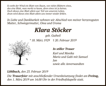 Traueranzeige von Klara Stöcker von WLZ