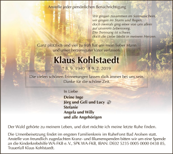 Traueranzeige von Klaus Kohlstaedt von WLZ