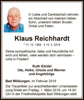 Traueranzeige von Klaus Reichhardt von WLZ