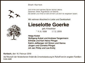 Traueranzeige von Lieselotte Goerke von WLZ