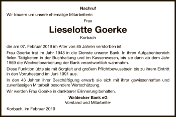 Traueranzeige von Lieselotte Goerke von WLZ