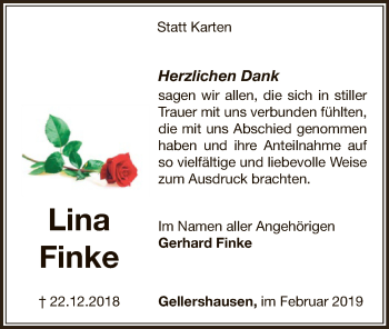 Traueranzeige von Lina Finke von WLZ