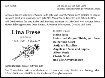 Traueranzeige von Lina Frese von WLZ