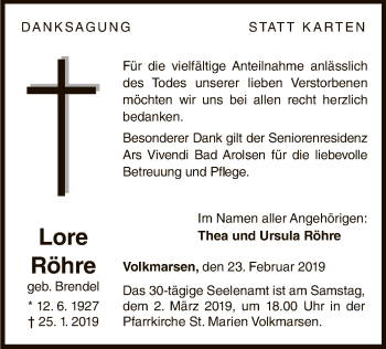 Traueranzeige von Lore Röhre von WLZ