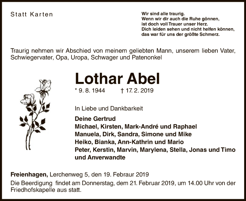  Traueranzeige für Lothar Abel vom 19.02.2019 aus WLZ