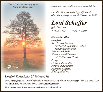 Traueranzeige von Lotti Schaffer von WLZ